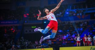 Melissa Vargas of Turkiye spikes the ball during a VNL match