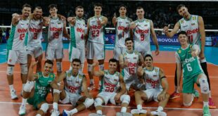 Bulgarian national volleyball team celebrating on court