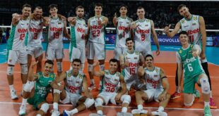 Bulgarian volleyball team celebrating a point during the EuroVolleyM match