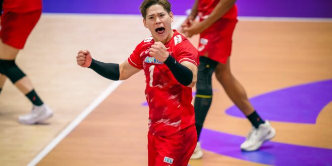 Japan men's volleyball team celebrating their AVC Asian Championship victory