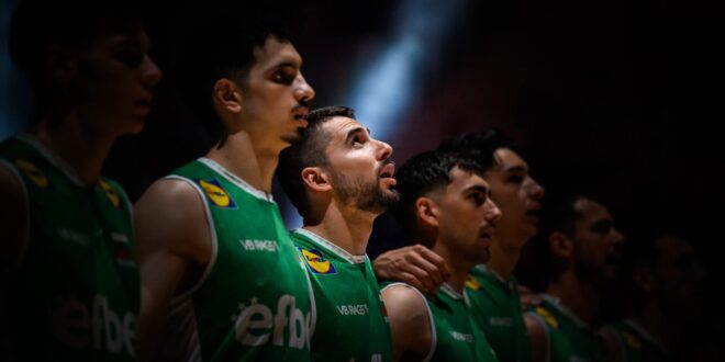 Men's volleyball players competing during a EuroVolley match