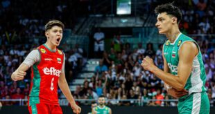 Oleh Plotnytskyi of Ukraine serving during a EuroVolley match