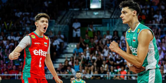Oleh Plotnytskyi of Ukraine serving during a EuroVolley match