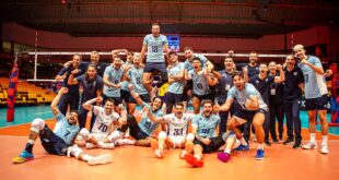 Volleyball players in action during a EuroVolley match