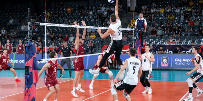 German volleyball player celebrating a point during a match