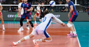 Volleyball players in action during a EuroVolley 2026 match