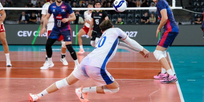 Volleyball players in action during a EuroVolley 2026 match