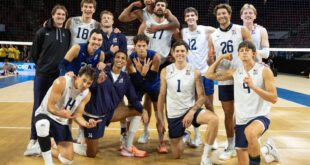 USA volleyball team celebrating a point during the NORCECA Championship final