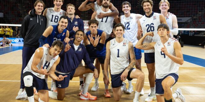 USA volleyball team celebrating a point during the NORCECA Championship final
