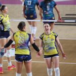 Volleyball players in action during a match between Wash4Green Monviso Volley and Clai Imola Volley