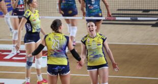Volleyball players in action during a match between Wash4Green Monviso Volley and Clai Imola Volley