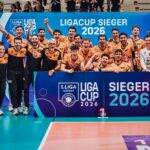 Berlin Recycling Volleys players celebrating a point during the Ligacup final match.