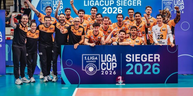 Berlin Recycling Volleys players celebrating a point during the Ligacup final match.