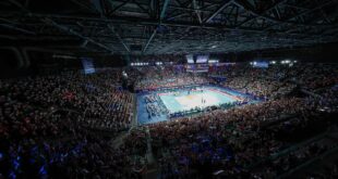 A packed volleyball arena during the Bulgaria vs. Poland match at EuroVolley 2026