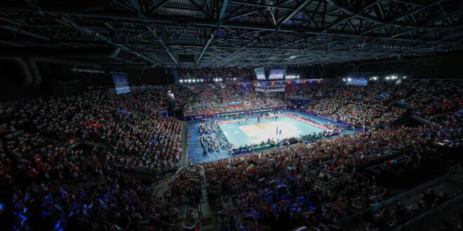 A packed volleyball arena during the Bulgaria vs. Poland match at EuroVolley 2026