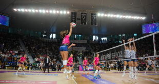 Volleyball players in action during an Italian Serie A1 match