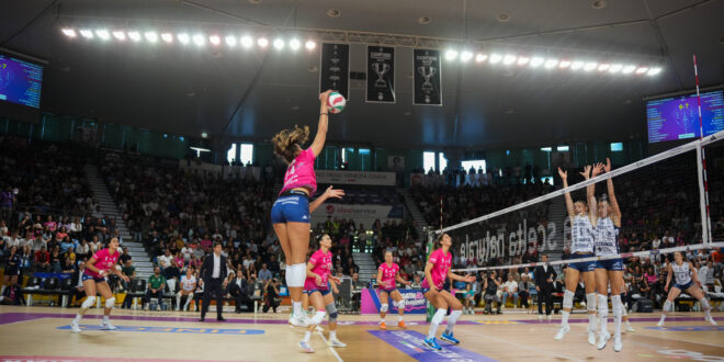 Volleyball players in action during an Italian Serie A1 match