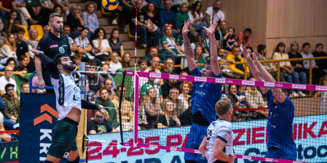Volleyball players in action during a match between Stilon Gorzów and ChKS Chełm