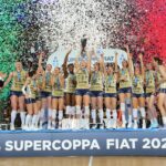 Imoco Conegliano players celebrating winning the Italian Super Cup