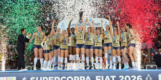 Imoco Conegliano players celebrating winning the Italian Super Cup