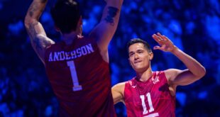 Men's volleyball players celebrating on the court
