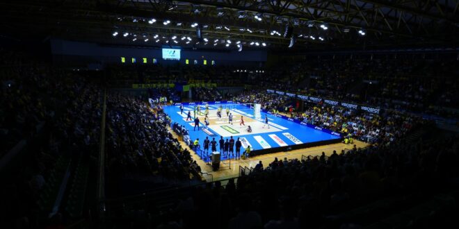 Volleyball players in action during a SuperLega match