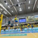 Volleyball players in action during a match between Schwerin and Dresden