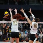 VakıfBank volleyball team celebrating a point on the court