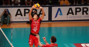 Volleyball players in action during a SuperLega match